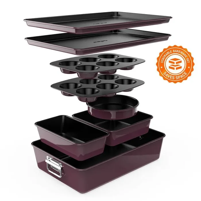 8 Piece Stackable Carbon Steel Bakeware Sets – Non-Stick Coating, Bake Tray Sheet Bakeware Set (Purple)