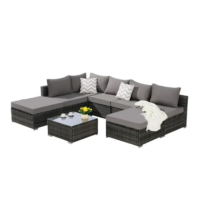 8 Pieces Wicker Patio Conversation Set Outdoor Sectional Sofa Couch with Dark Gray Cushions and Glass Coffee Table