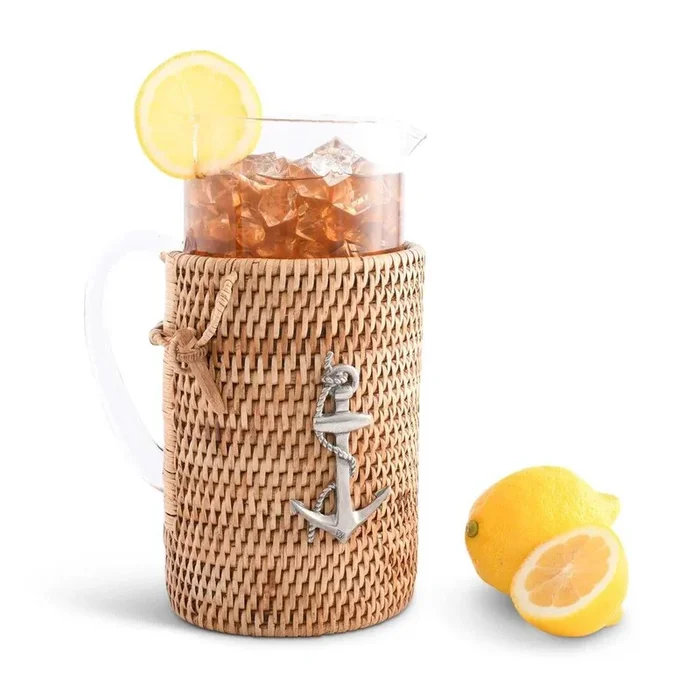 Anchor Glass Pitcher Hand Woven Wicker Natural Rattan Cover by Vagabon