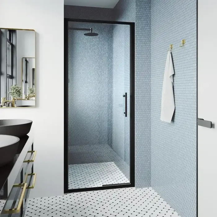 Astoria 30 in. W x 76 in. H Space Saving Framed Pivot Shower Door in Matte Black with Clear Glass