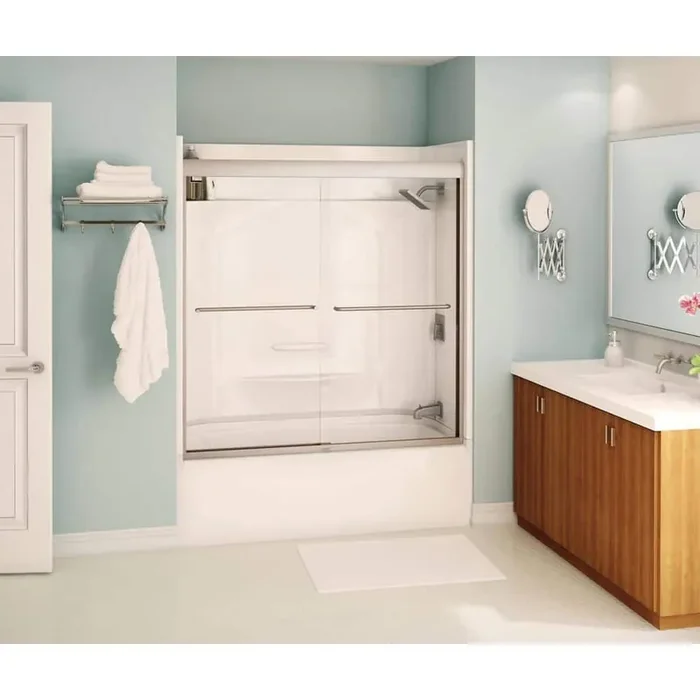 Aura 55-59 x 57 in. 6 mm Semi-frameless Sliding Tub Door for Alcove Installation with Clear glass in Brushed Nickel