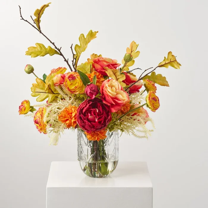 Autumn Sunrise Blooms – Red Peony, Flame Rose, Orange Mums & Oak Leaf Fall Water Illusion Arrangement