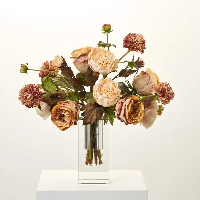 Autumnal Beauty – Beige Brown Dried Look Rose, Dahlia with Cream Peony Fall Water Illusion Arrangement in Crystal Block Vase