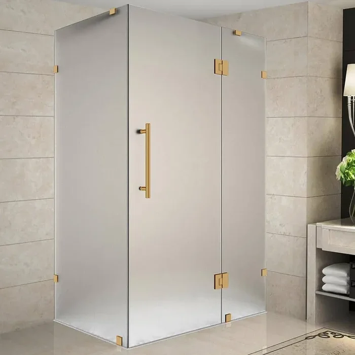 Avalux 42 in. x 34 in. x 72 in. Rectangular Pivot Frameless Corner Shower Enclosure in Brushed Gold with Frosted Glass