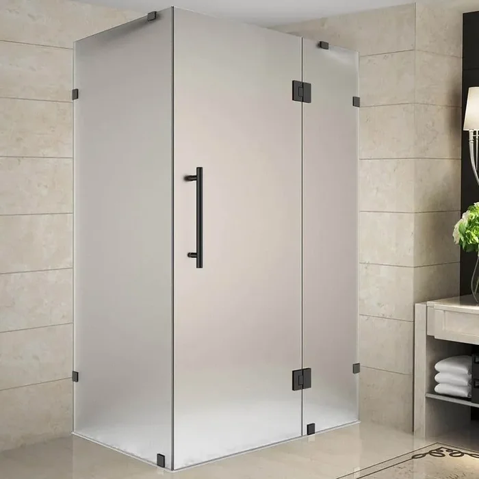 Avalux 55 in. x 30 in. x 72 in. Rectangular Pivot Frameless Corner Shower Enclosure in Matte Black with Frosted Glass