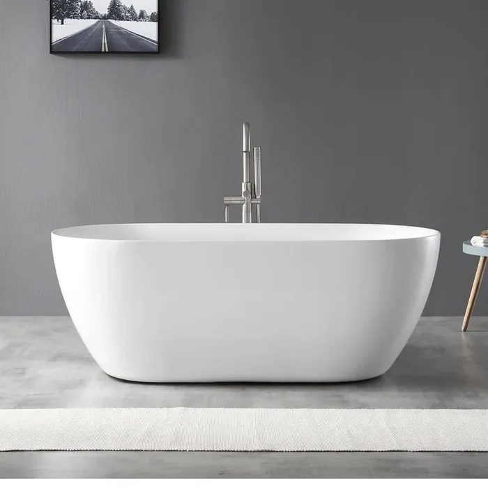Ayago 59 in. Freestanding Flatbottom Soaking Bathtub in White Including Satin Nickel Overflow and Pop-up Drain