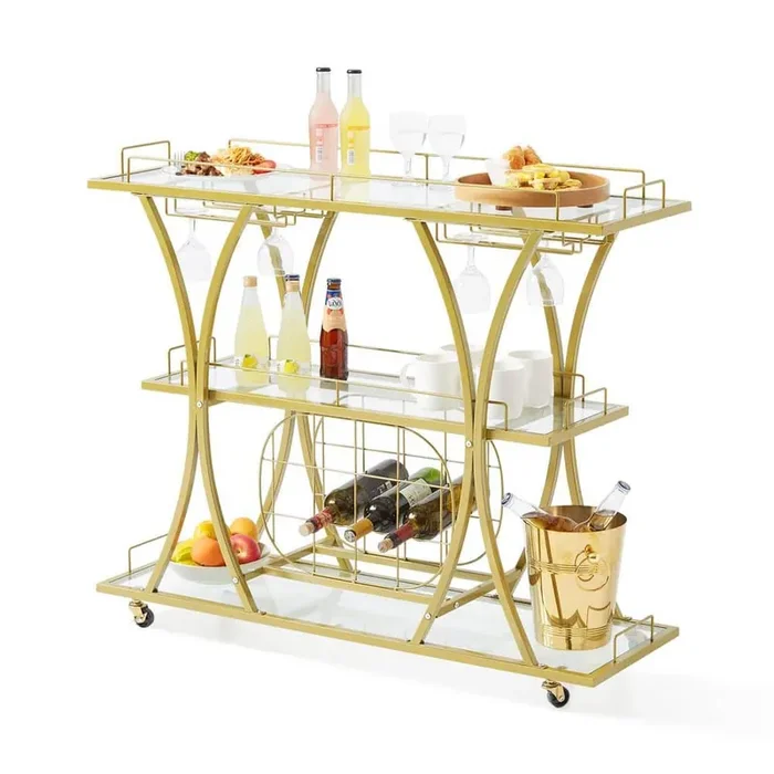 Bar Cart, Gold, Metal Kitchen Cart with Locking Casters and wheels, Rolling Alcohol Cart with Tempered Glass Shelves