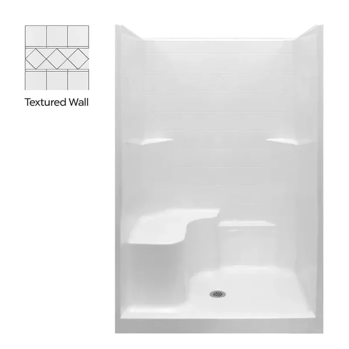 Basic 37 in. x 48 in. x 80 in. AcrylX 1-Piece Low Threshold Shower Wall and Shower Pan in White, Center Drain, LHS Seat