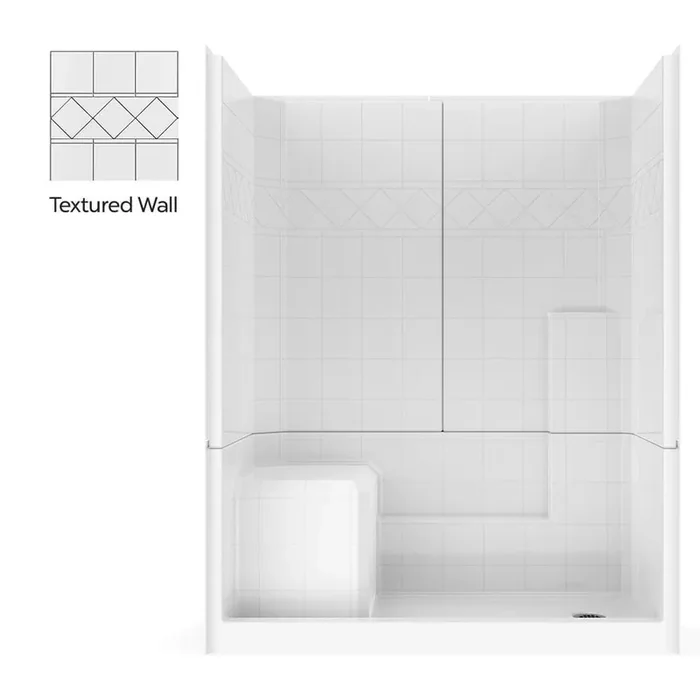 Basic 60 in. x 33 in. x 77 in. AcrylX 3-Piece Shower Kit with Shower Wall and Shower Pan in White, LHS Seat, Right Drain