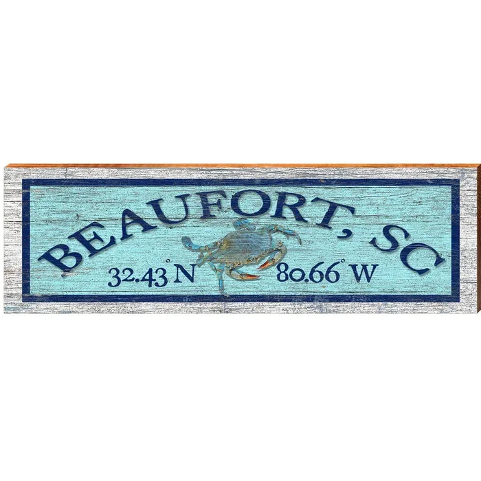 Beaufort, SC Blue Crab Blue Latitude Longitude | Wall Art Print on Real Wood