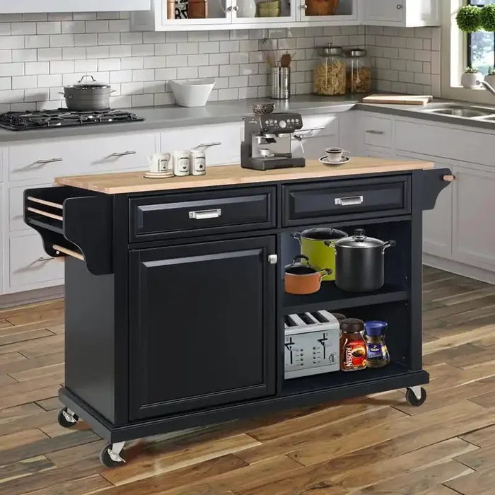 Black Cambridge Natural Wood Top 57.5 in. W Kitchen Island with Storage (32 in. D x 57.5 in. W x 36 in. H)