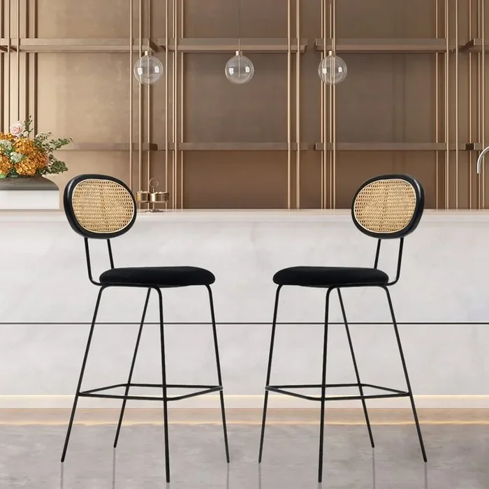 Black Rattan Counter Height Stools Set of 2 with Cane Back & Velvet Upholstery Wood Bar Stools for Kitchen Island
