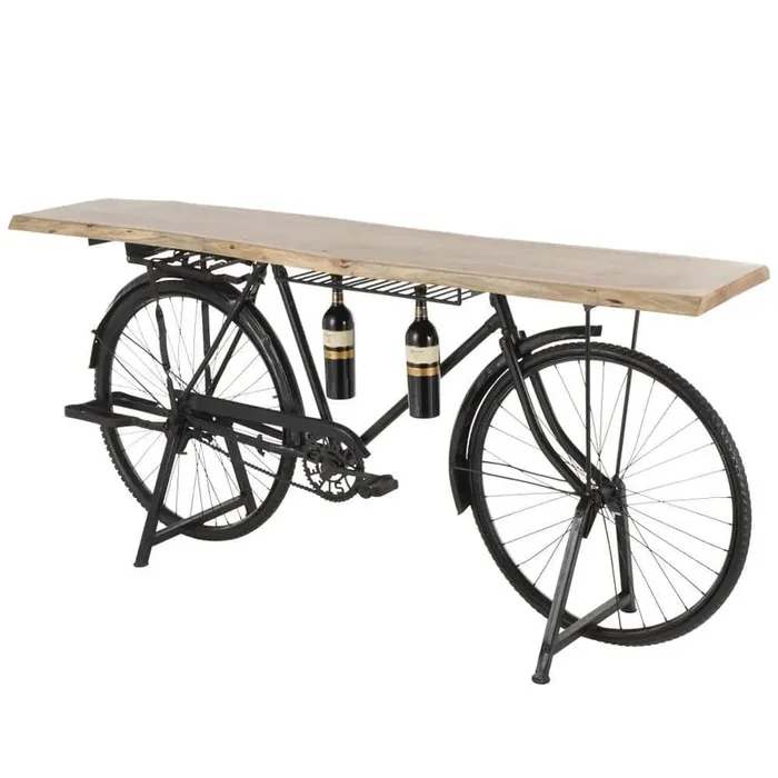 Black Replica Bike Bar with Live Edge Brown Wood Top and Bottle Holder Slots
