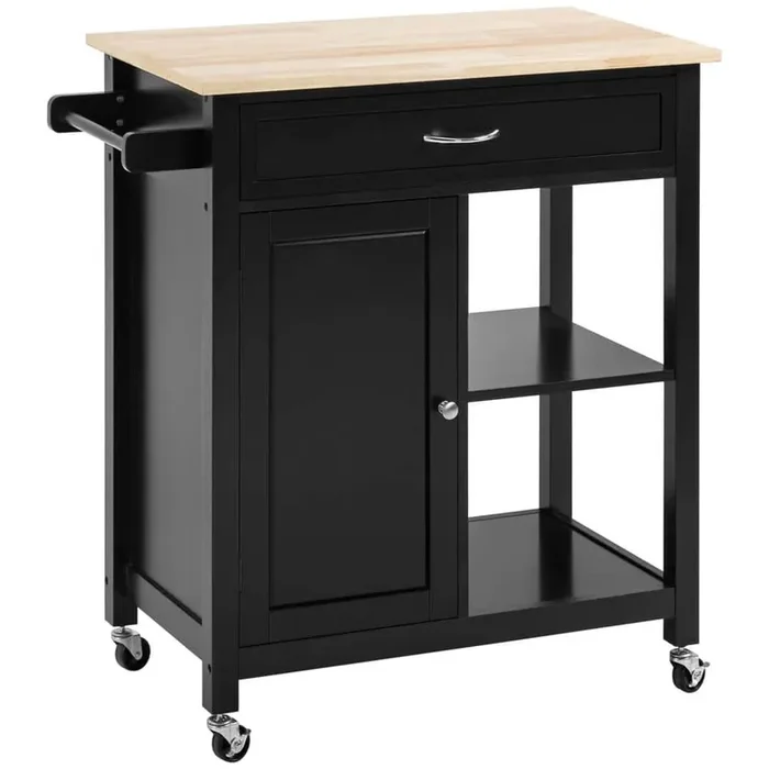 Black Rubber Wood 29.5 in. Small Kitchen Island Cart with Open Storage, 1 Drawer, Adjustable Shelves and Towel Rack