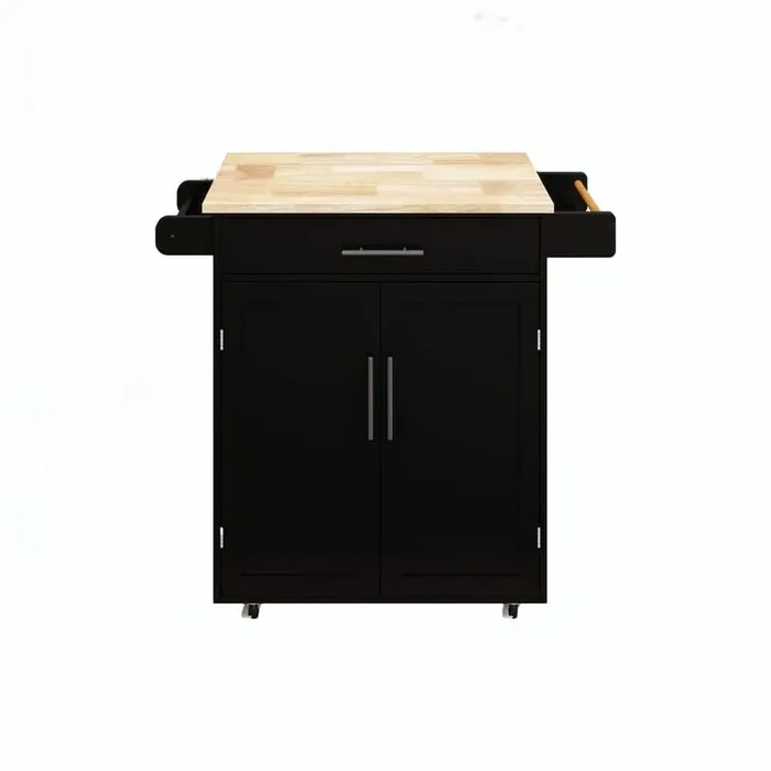 Black Rubber Wood Top 38.1 in. Rolling Trolley Kitchen Island with Adjustable Shelves,Seasoning Rack and Towel Rack