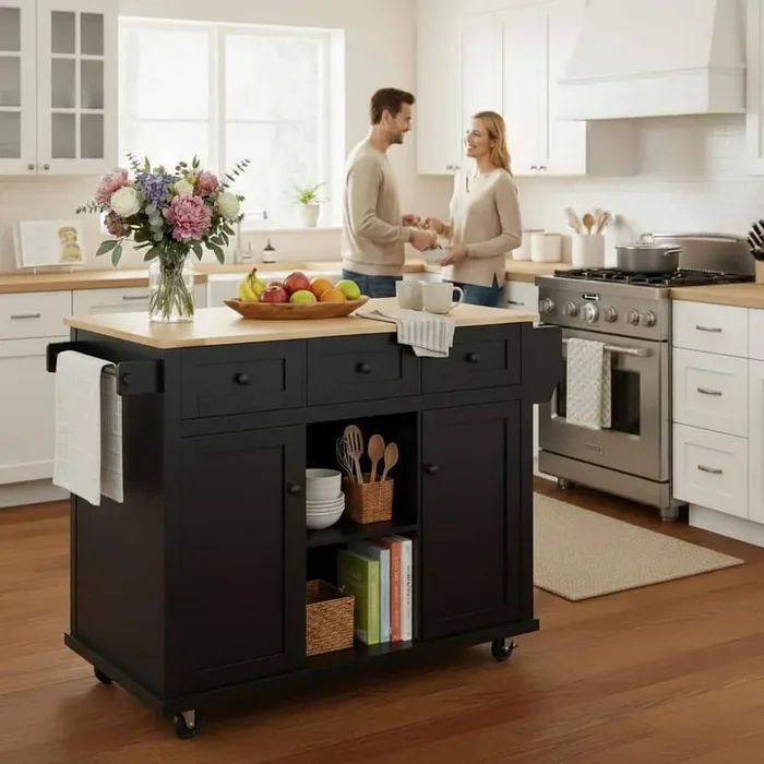 Black Rubberwood Drop-Leaf Countertop 53.1 in. Kitchen Island Cart with Cabinet Door Internal Storage Racks and 3-Drawer