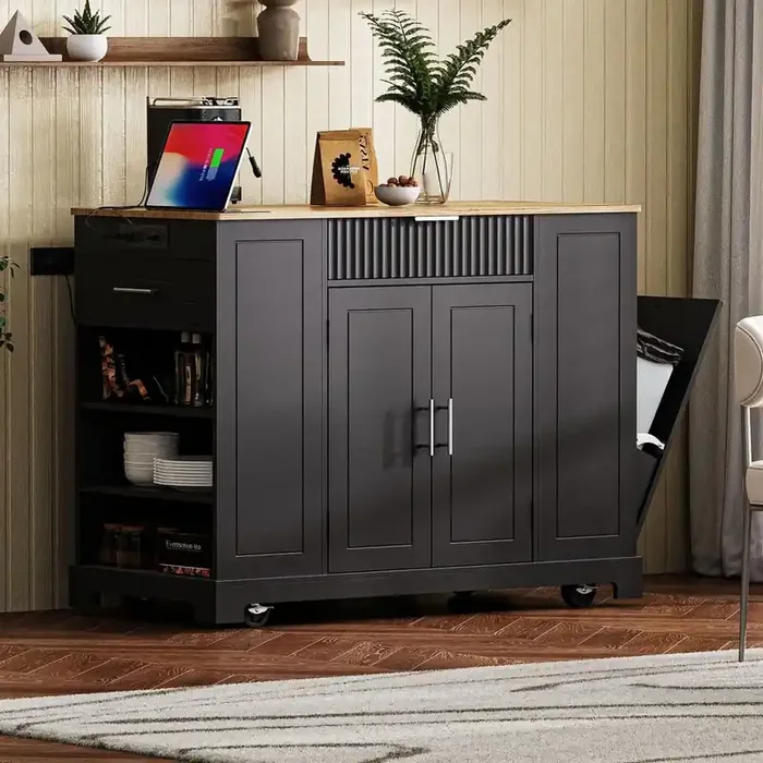 Black Wood 48 in. Kitchen Island with Trash Can Storage Cabinet, 2-Power Outlet, 3-Open Side Racks for Kitchen Room