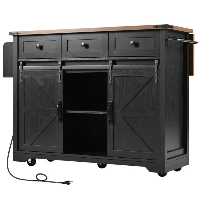 Black Wood 53.75 in. Kitchen Island with Power Outlet, 2 Sliding Barn Door, Drop Leaf, Spice Rack