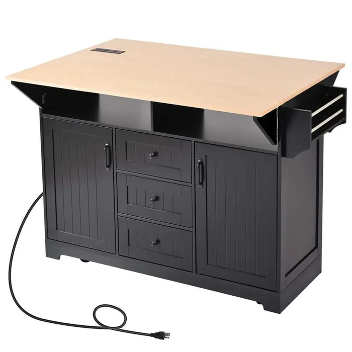 Black Wood 55.7 in. Kitchen Island on 5-Wheels with 2-Drop Leaf, Spice and Towel Rack and 3-Drawers