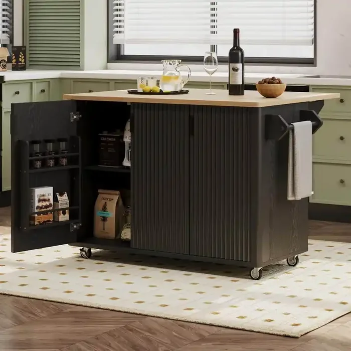 Black Wood Tabletop 51 in. Farmhouse Kitchen Island on 4 Wheels with Drop Leaf, Internal Storage Rack and Towel Rack