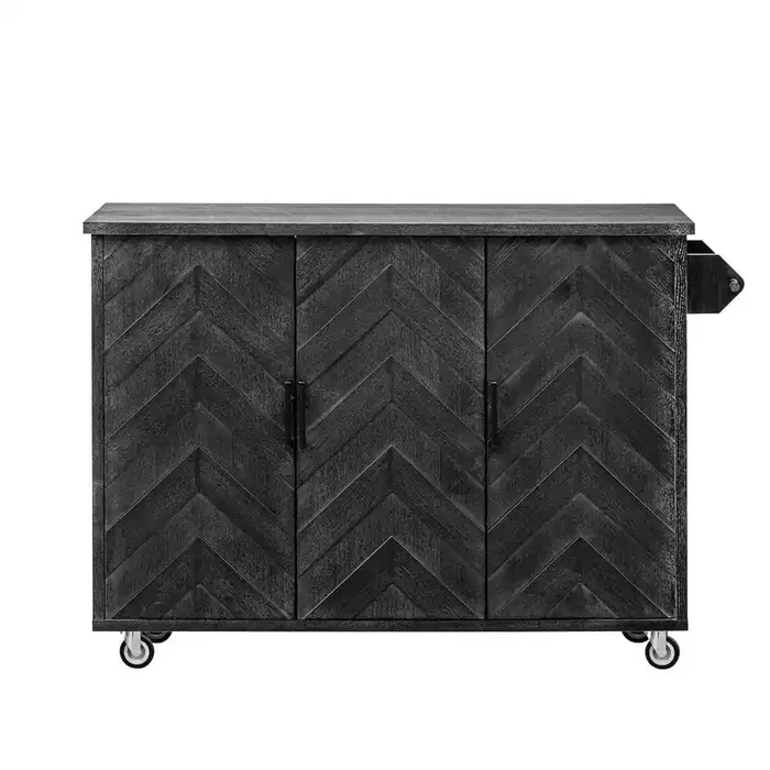 Black Wood Wave Stripes 51.2 in. Farmhouse Kitchen Island on 4 Wheels with Drop Leaf, Internal Storage Rack
