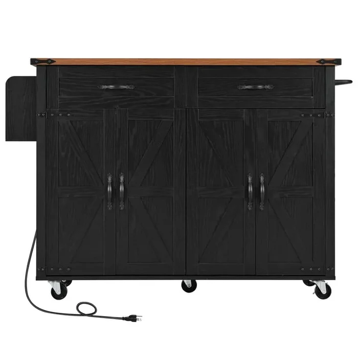 Black Wooden 53.5 in. Kitchen Island on Wheels with Power Outlet, Drop Leaf, Spice Rack and Drawer, Rolling Kitchen Cart