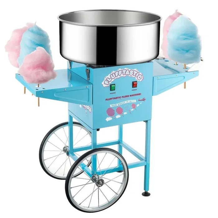 Blue Cotton Candy Machine and Cart- Flufftastic Floss Maker- Stainless Steel Pan, 2 Side Trays & 13 in. Wheels