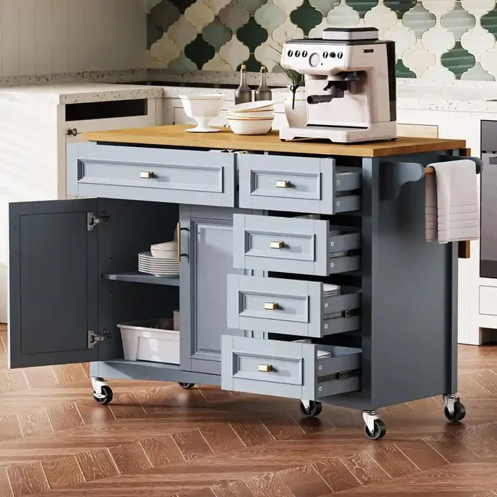 Blue Grey Oak Veneer Kitchen Cart with Drop Leaf and Towel Rack