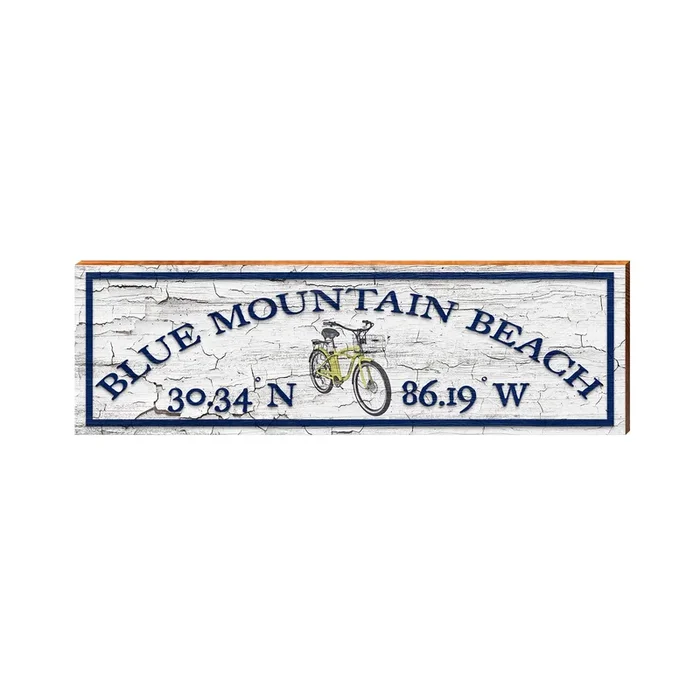 Blue Mountain Beach Yellow Bike White Latitude Longitude | Real Wood Wall Art Print