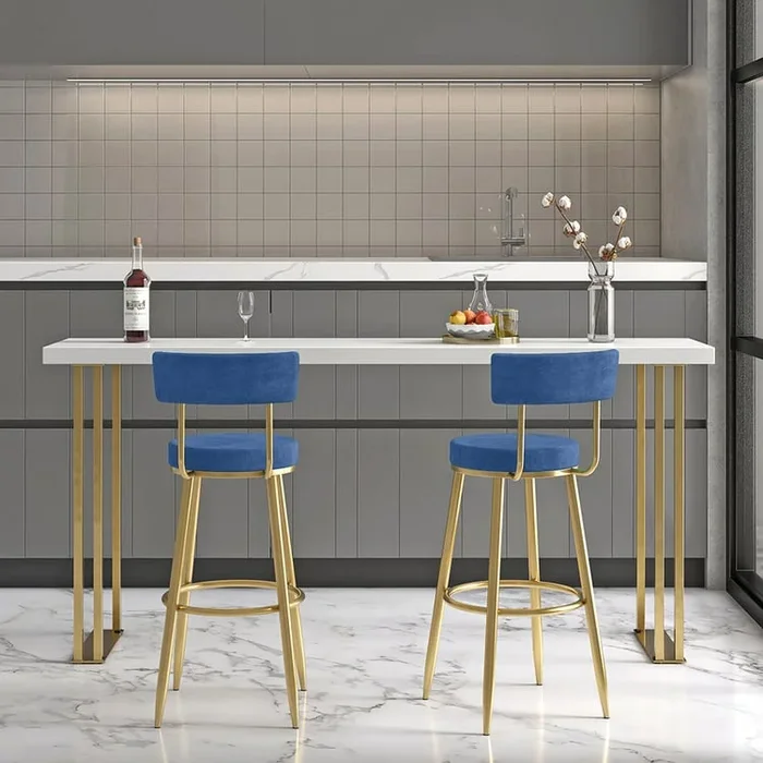 Blue Velvet Bar Height Stool with Back & Footrest | Modern Bar Stool | homary