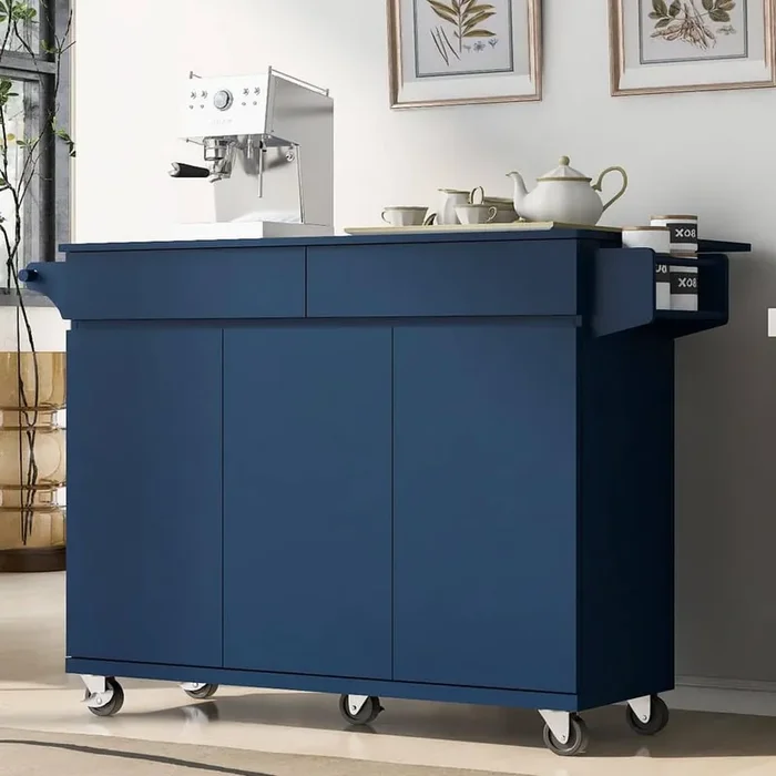 Blue Wood 53 in. Kitchen Island with Drop Leaf, 2-Drawers, Adjustable Shelves and Storage Rack for Kitchen, Dining Room