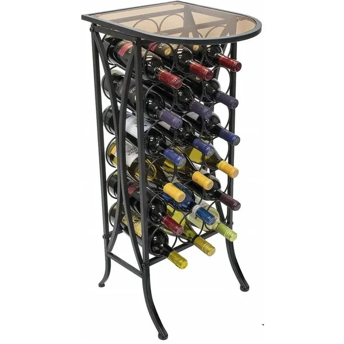 Bordeaux Chateau Style Wine Display with Glass Table Top, 18-Bottle Black Metal Wine Display, Free Standing Wine Rack