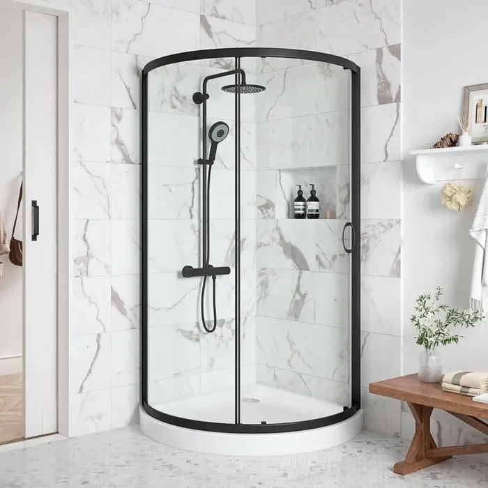 Breeze 32 in. L x 32 in. W x 76.97 in. H Corner Shower Kit with Clear Framed Sliding Door in Black and Shower Pan