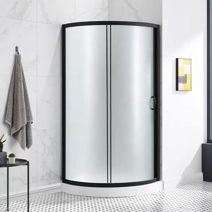 Breeze 32 in. L x 32 in. W x 76.97 in. H Corner Shower Kit with Frosted Framed Sliding Door in Black and Shower Pan