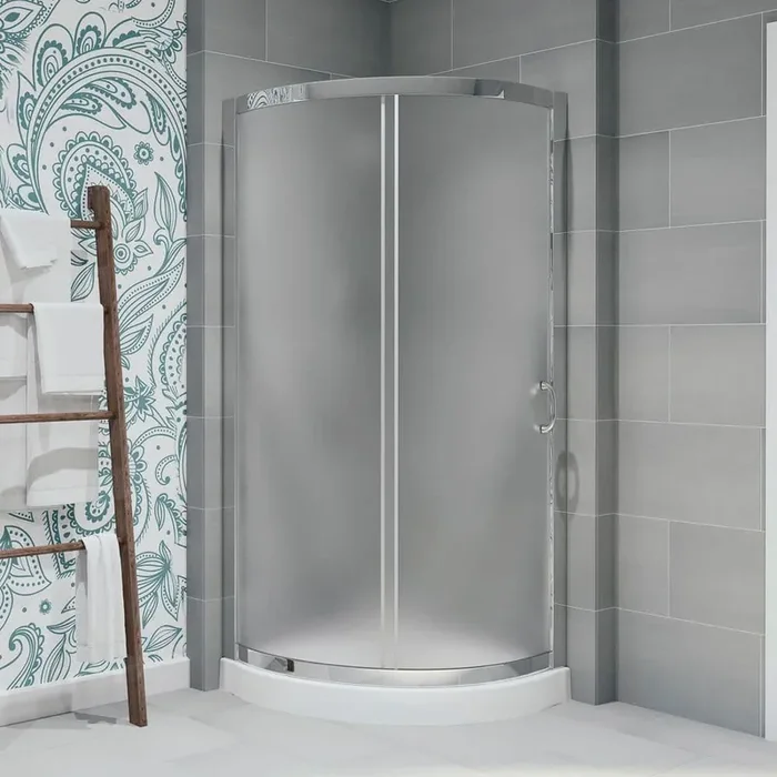 Breeze 32 in. L x 32 in. W x 76.97 in. H Corner Shower Kit with Frosted Framed Sliding Door in Chrome and Shower Pan