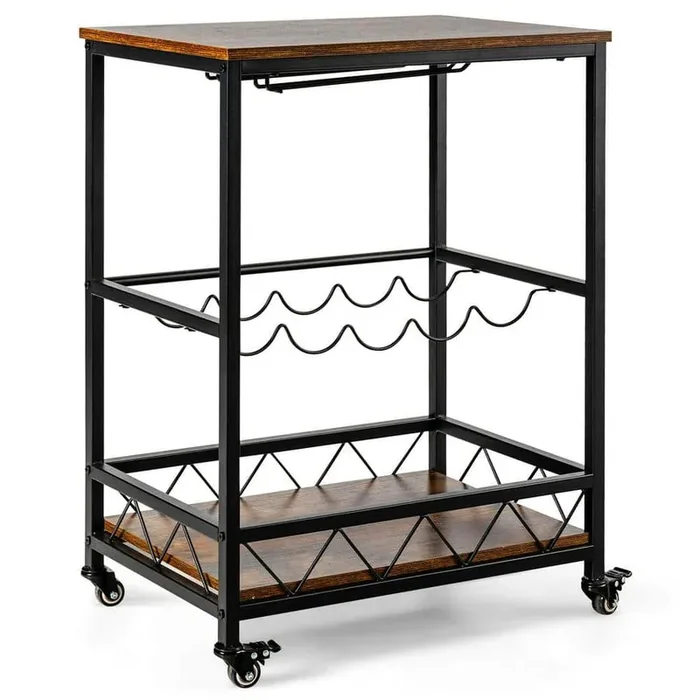 Brown 24 in. Kitchen Cart Serving Trolley on Wheels with Wine Rack Glass Holder