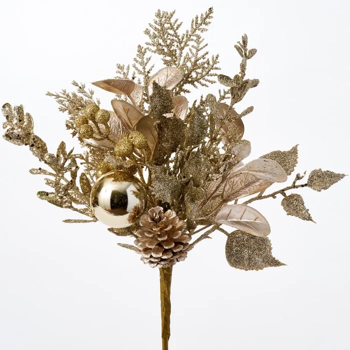 Champagne Gold & Bronze Glitter Leaf, Berry, Pinecone & Shiny Ball Holiday Spray – 16″
