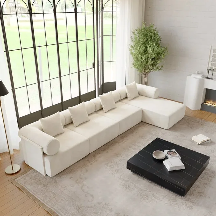 Chenille Velvet 4-Piece Sectional, White Modular Sofa with Chaise(110″)