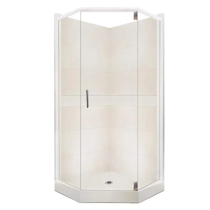 Classic Grand Hinged 42 in. x 42 in. x 80 in. Neo-Angle Shower Kit in Natural Buff and Satin Nickel Hardware