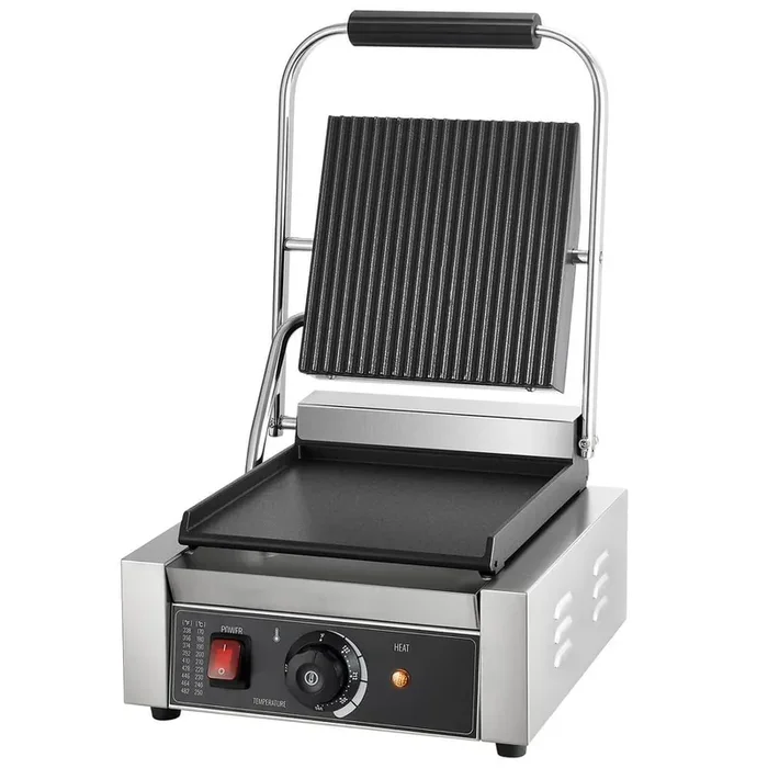 Commercial Panini Grill 1,800-Watt Electric Sandwich Maker with Temp Control Flat Enamel Plate for Hamburger, Silver