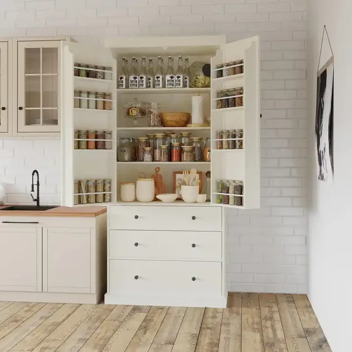 Cream Wood 35 in. W Pantry Cabinet Tall Cupboard Storage Cabinet with Adjustable Shelves and Drawer