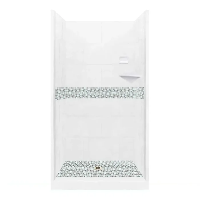 Del Mar 36 in. L x 36 in. W x 80 in. H Center Drain Alcove Shower Kit with Shower Wall and Shower Pan in Natural Buff