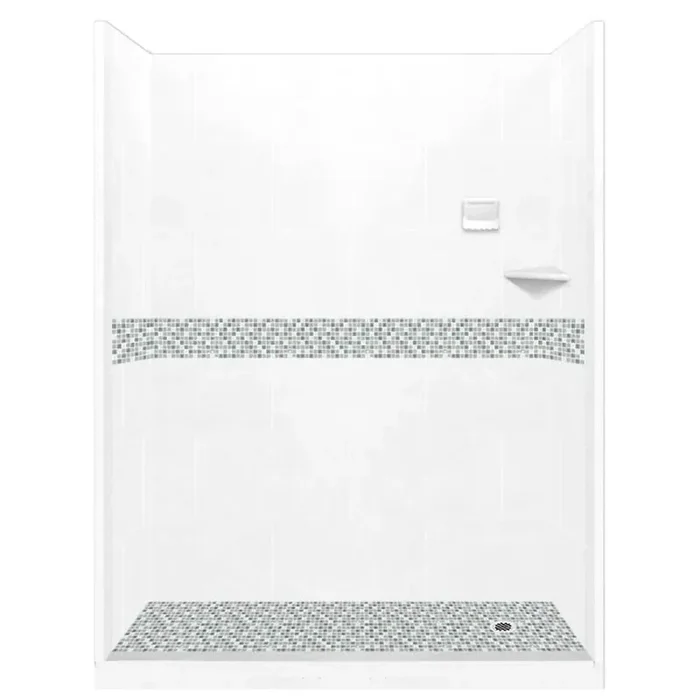Del Mar 60 in. L x 30 in. W x 80 in. H Right Drain Alcove Shower Kit with Shower Wall and Shower Pan in Natural Buff