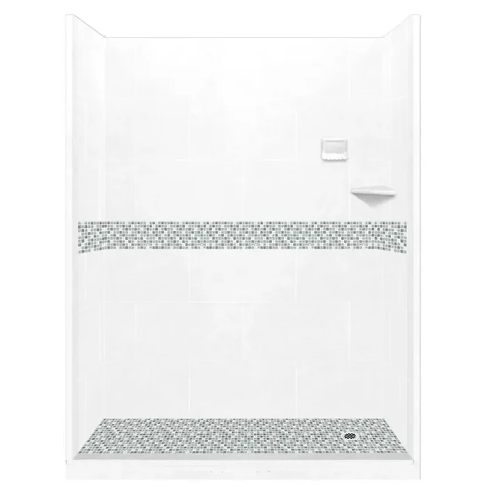 Del Mar 60 in. L x 32 in. W x 80 in. H Right Drain Alcove Shower Kit with Shower Wall and Shower Pan in Natural Buff