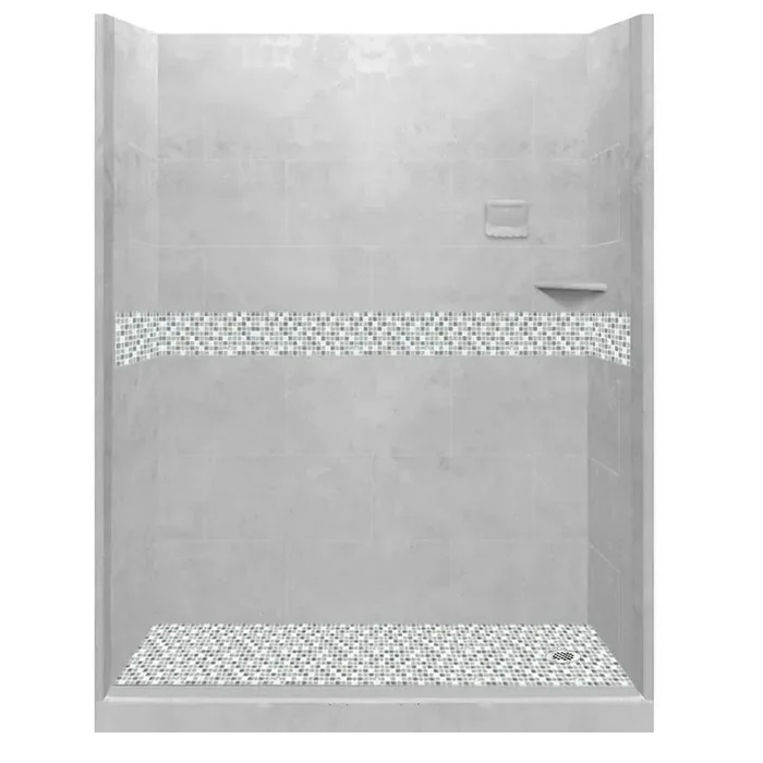 Del Mar 60 in. L x 32 in. W x 80 in. H Right Drain Alcove Shower Kit with Shower Wall and Shower Pan in Portland Cement