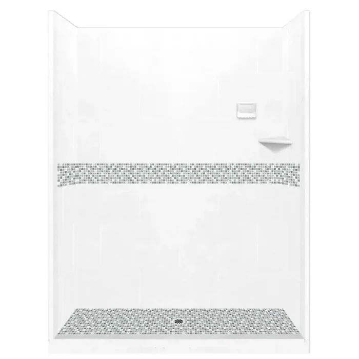 Del Mar 60 in. L x 42 in. W x 80 in. H Center Drain Alcove Shower Kit with Shower Wall and Shower Pan in Natural Buff