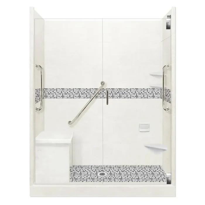 Del Mar Freedom Grand Hinged 30 in. x 60 in. x 80 in. Center Drain Alcove Shower Kit in Natural Buff and Chrome Hardware