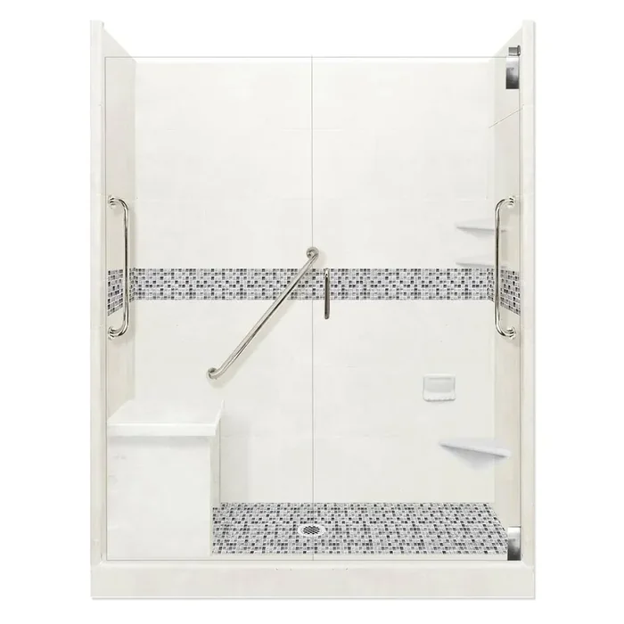 Del Mar Freedom Grand Hinged 30 in. x 60 in. x 80 in. Center Drain Alcove Shower Kit in Natural Buff and Satin Nickel