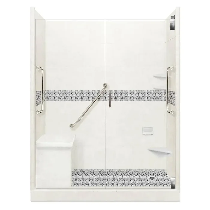 Del Mar Freedom Grand Hinged 30 in. x 60 in. x 80 in. Right Drain Alcove Shower Kit in Natural Buff and Satin Nickel