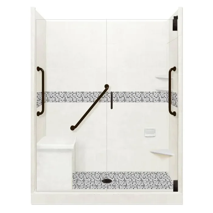 Del Mar Freedom Grand Hinged 32 in. x 60 in. x 80 in. Center Drain Alcove Shower Kit in Natural Buff and Black Pipe